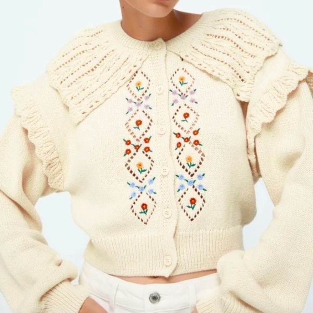 ZARA Cream Floral Embroidered Cardigan Eyelet Collar Frill Sleeve Size S